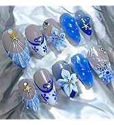 30pcs Blue Flower Press on Nails Medium Almond Fake Nails with Shell Floral Pearl Designs French ...