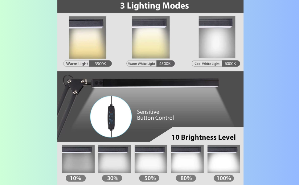 Luminária de mesa LED com braço articulado e braçadeira, 3 modos de brilho de iluminação escritório