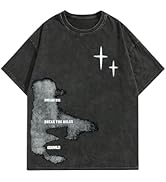 QJQ Men's Letter Graphic Tees Short Sleeve Crewneck T Shirts Y2K Vintage Drop Shoulder Baggy Stre...