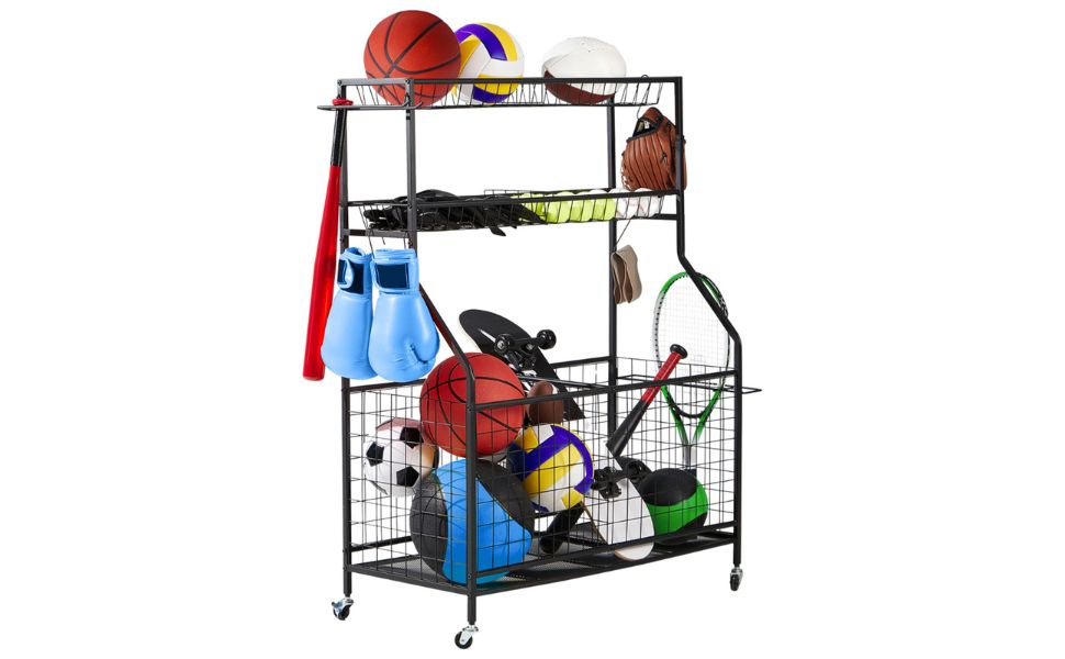 Heavy- Duty Sports Equipment Organizer with Wheels for Garage, Home, Gym holds balls, racks, gloves