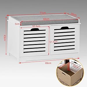 SoBuy FSR23-K-W Moderne Schuhtruhe Sitzkommode Mit 2 Körben Sitzbank Schuhschrank Mit Sitzkissen Spieltruhe Garderobenbank Spieltruhe 16 1