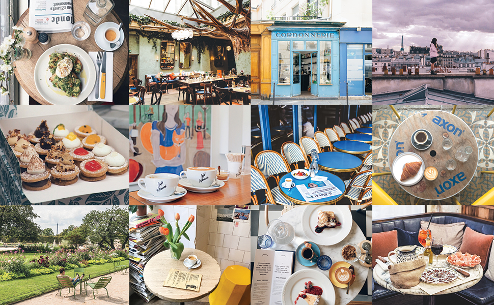 Tiled collage of images of Paris landmarks, buildings and cuisine