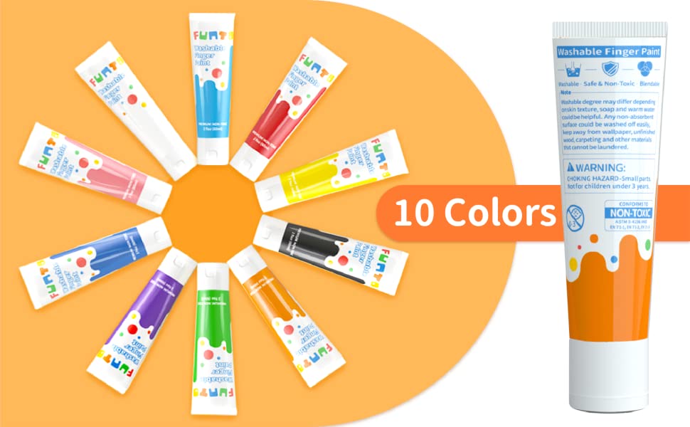 Funto Washable Finger Paint for Kids, Safe & Non-Toxic Finger Painting for Toddlers 1-3, Bath Paint, Toddler Art Painting Supplies, Kids Age 1 2 3 4 5 6+, 10 Assorted Colors(2.1 fl.oz) 23 10 colors