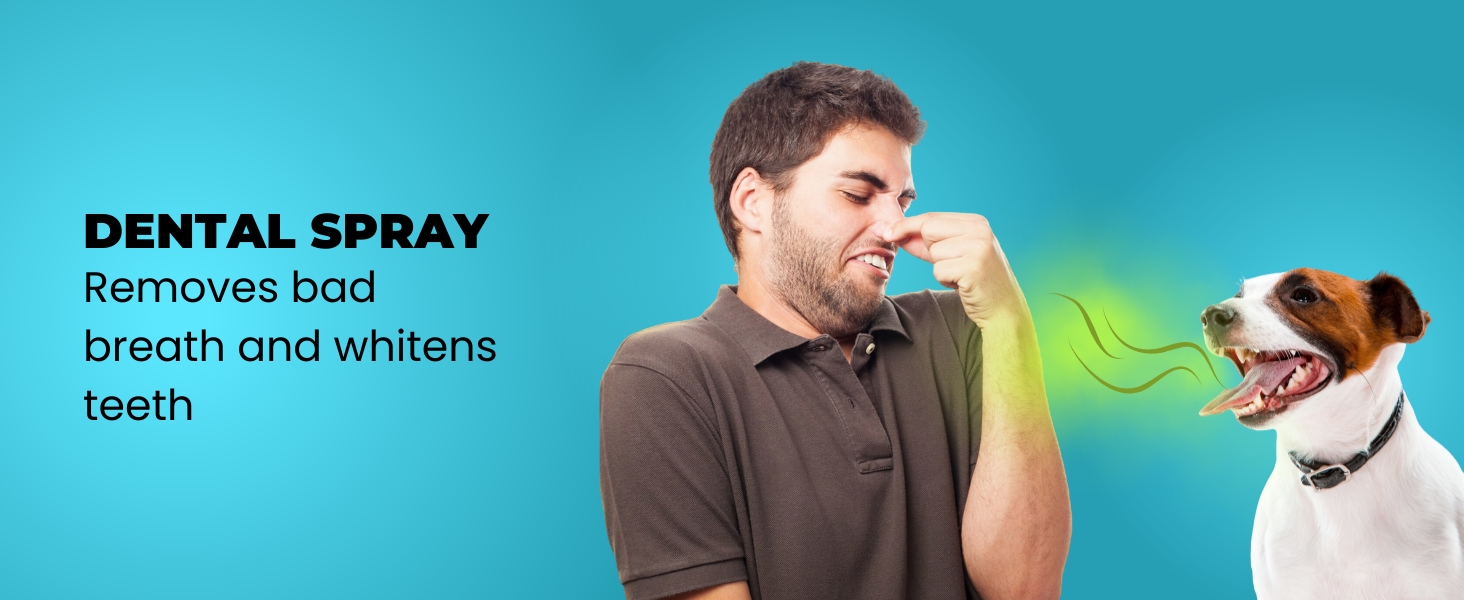 Person holding nose, dental spray removes bad breath from dog and whitens teeth, dog dental care