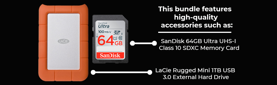 Bundle Items, LaCie External 1TB, 64GB SD Card