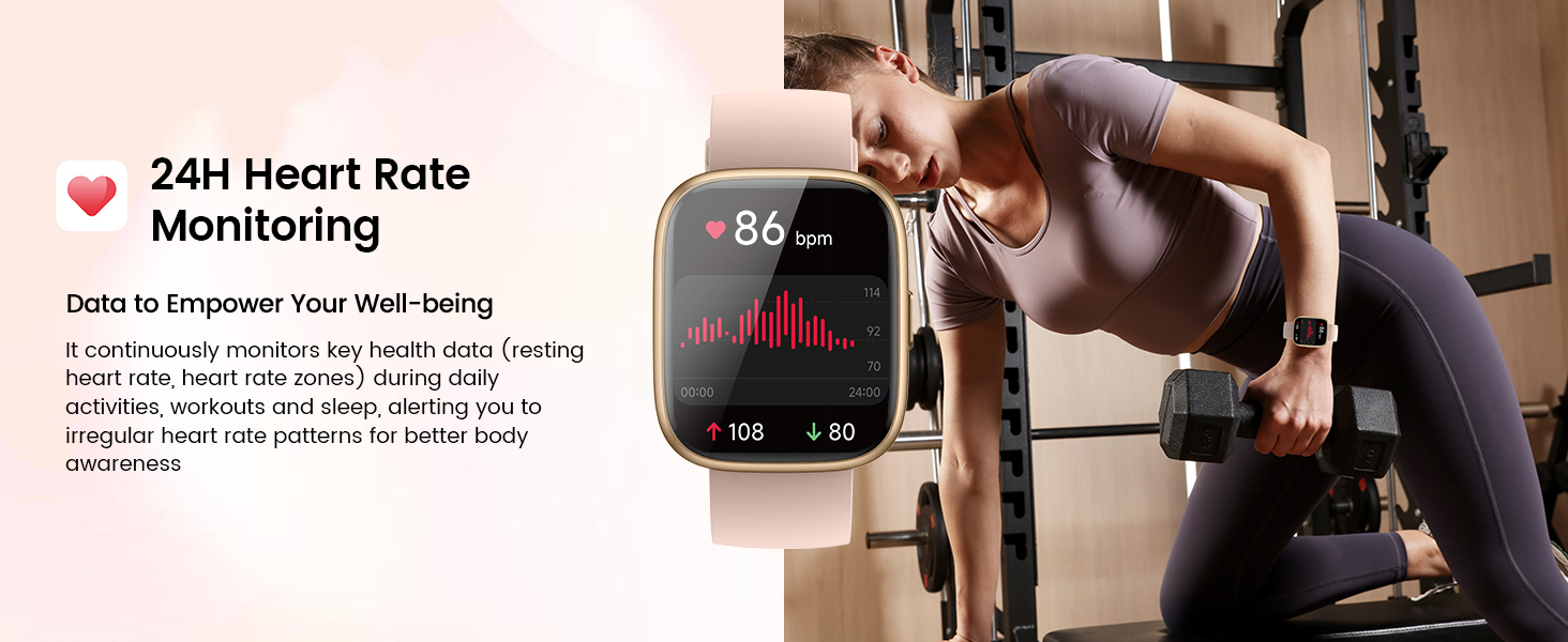 Text reads '24H Heart Rate Monitoring'. Series of smartwatch interface screens showing health monitoring features and fitness tracking displays.