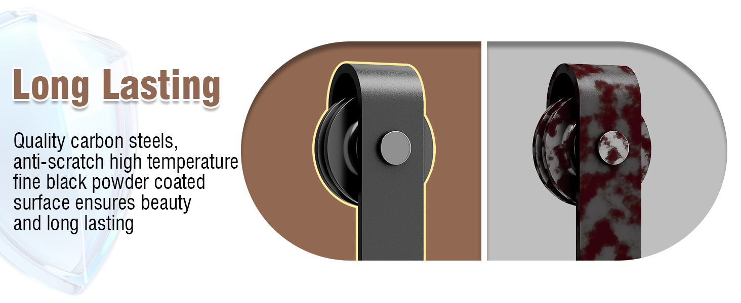 Text reads 'Long Lasting'. Product demonstration showing dark-colored surface or material with technical specifications.