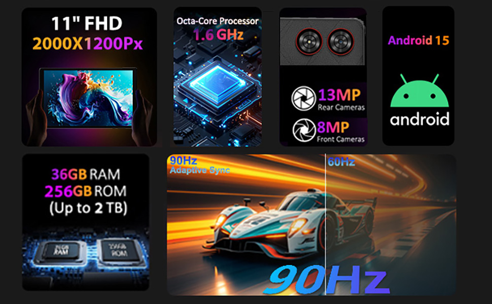 Text displays '20000:1 DCR, 60HZ, Android 11'. Series of technical specifications and icons showing features of a display or monitor device.