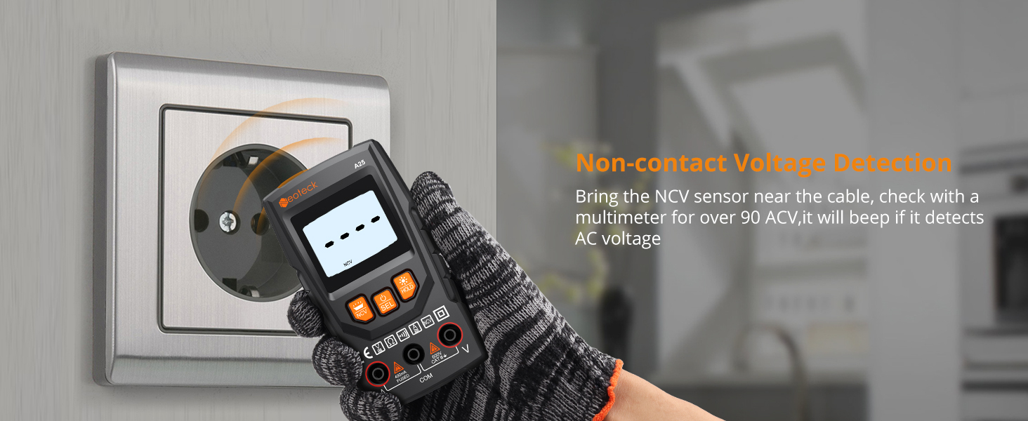 A hand in a protective glove using a digital multimeter to test an electrical outlet. Text describes it as a non-contact voltage tester.