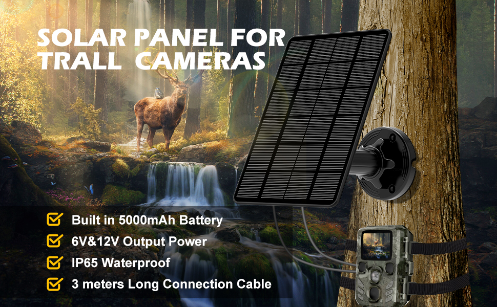 5W Trail Camera Solar Panel, 12V Solar Battery Kit Build-in 5200mAh Rechargeable Battery