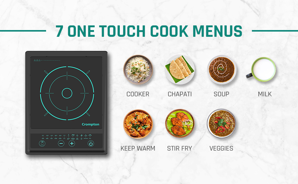 Crompton Instaserve 1200 W Induction Cooktop with Tactile Push Buttons 7 One touch Cook Menus