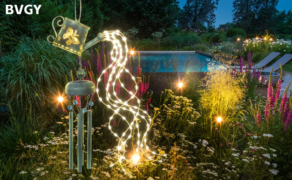 BVGY Solar Watering can Wind Chime Garden Decor Metal Waterproof Patio