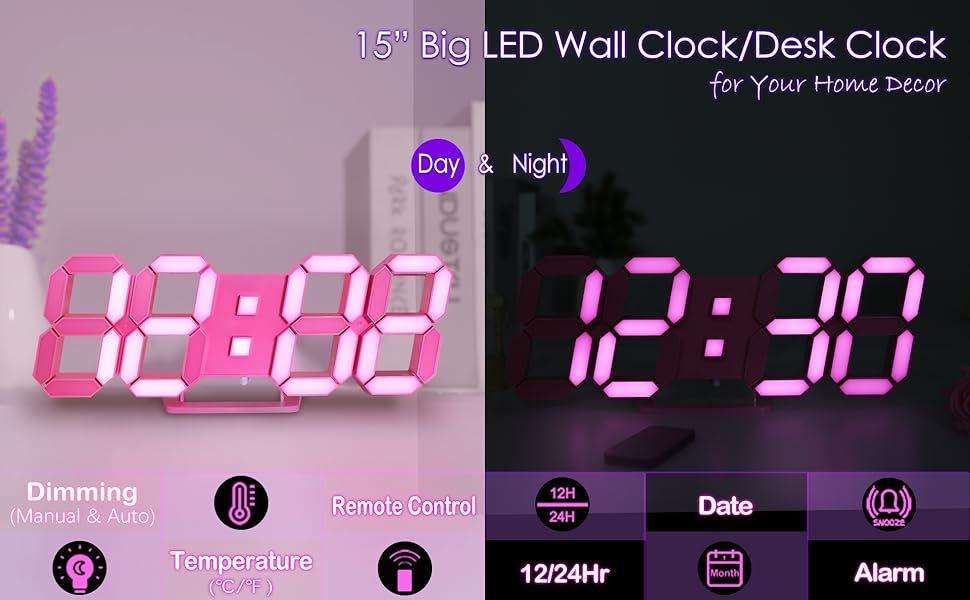 KOSUMOSU 15" LED Digital Wall Clock