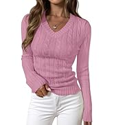 PRETTYGARDEN V Neck Cable Knit Sweaters for Women 2025 Long Sleeve Ribbed Fitted Pullover Tops Bu...