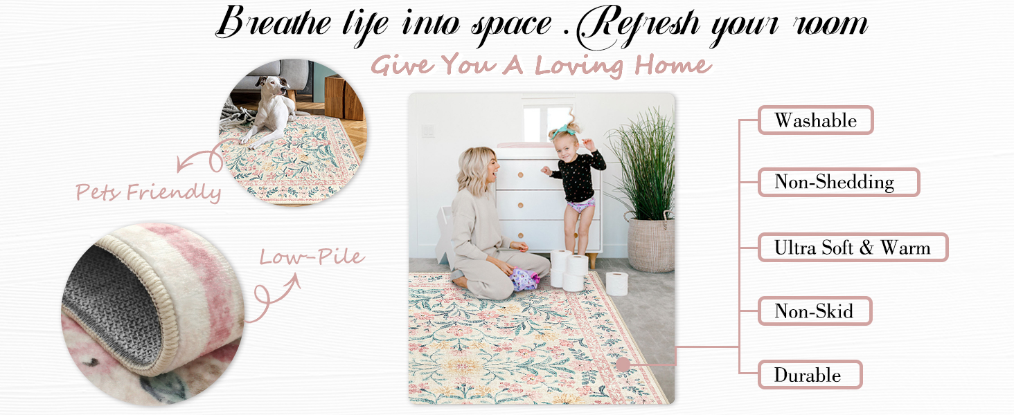 Soft Pink Floral Rug Non Slip. Low Pile Indoor Carpet for Girls Room Playroom Nursery