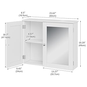 Technisches Maßdiagramm, das die Abmessungen eines scheinbaren Schranks oder Gehäuses zeigt. Die Maße sind in Zoll und Zentimetern mit mehreren Betrachtungswinkeln angegeben.