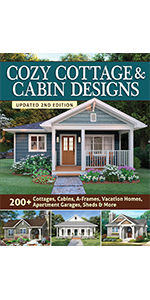 Cover art for Cozy Cottage &amp; Cabin Designs, with a small cottage with blue siding.