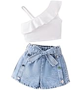 WDIRARA Toddler Girl's 2 Piece Outfits Ruffle Asymmetrical Neck Tank Top Denim Shorts Set