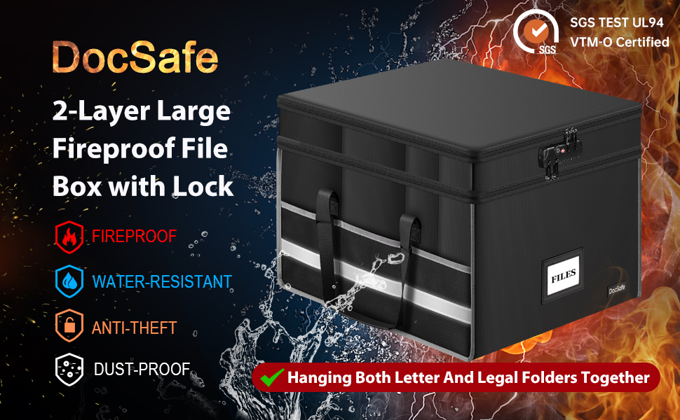 DocSafe Fireproof Document Box, MultiLayer File Box with Lock,Portable Collapsible