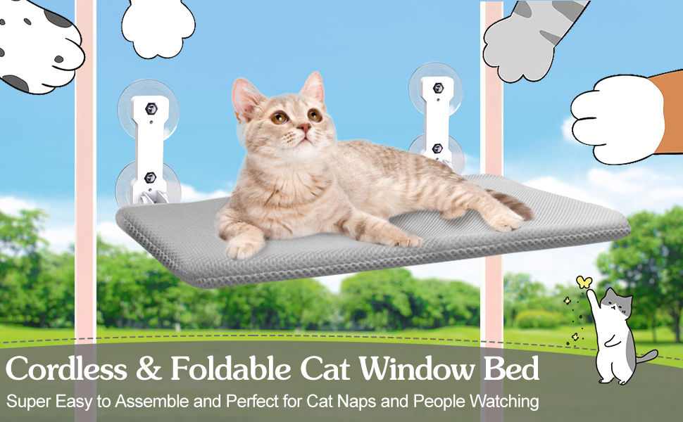 Foldable Cat Window Perch, Cordless Cat Window Hammock Cat