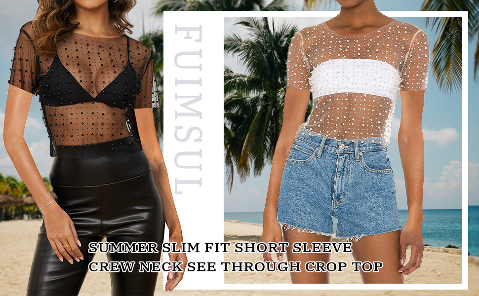Fuimsul Women Sexy Mesh Sheer Pearl Rhinestone Crop T Shirt Fuimsul Women Sexy Mesh Sheer Pearl Rhinestone Crop T Shirt