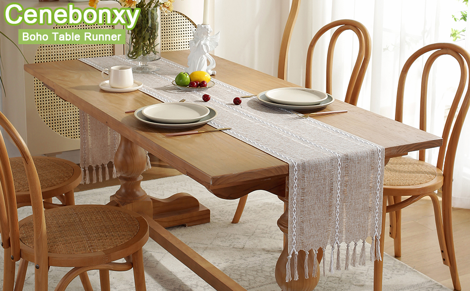 Cenebonxy Rustic Boho Table Runner, Linen Table Runner