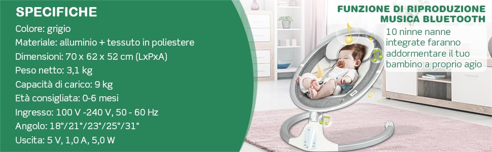 DREAMADE Sdraietta A Dondolo Elettrica, Culla Elettrica Per Neonati 0-6 Mesi Con Cintura Di Sicurezza, Zanzariera E Giocattoli, 5 Angoli Di Rotazione E Funzioni Musicali E Bluetooth,77x62x52 Cm 18 1