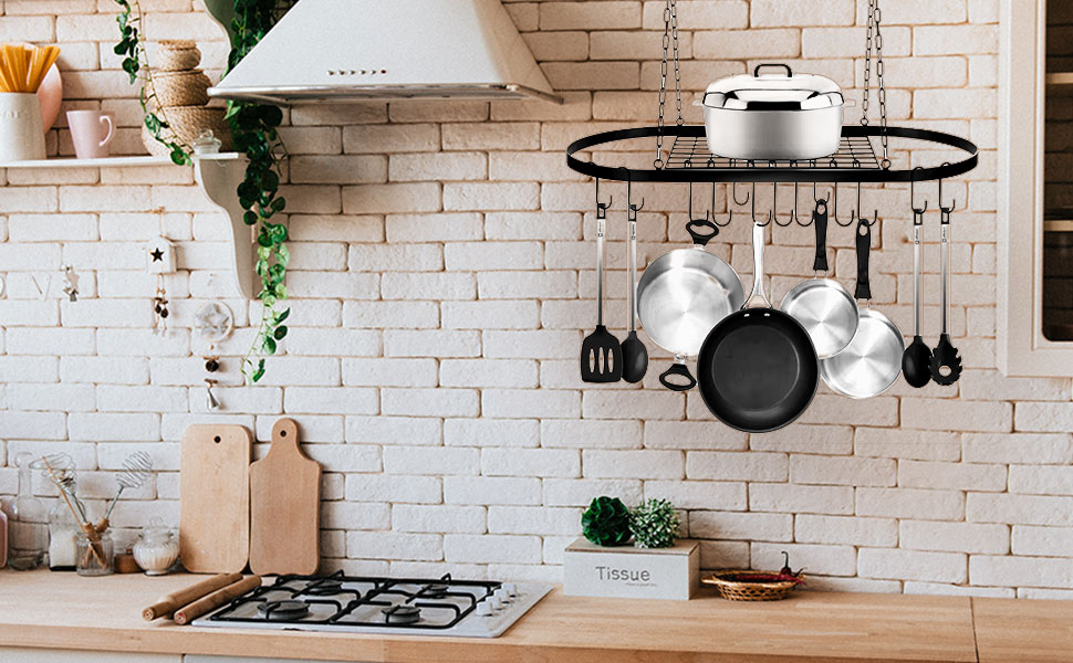 Lfhelper Oval Wrought Iron Pot & Pan Racks for Kitchen, Hanging Pot