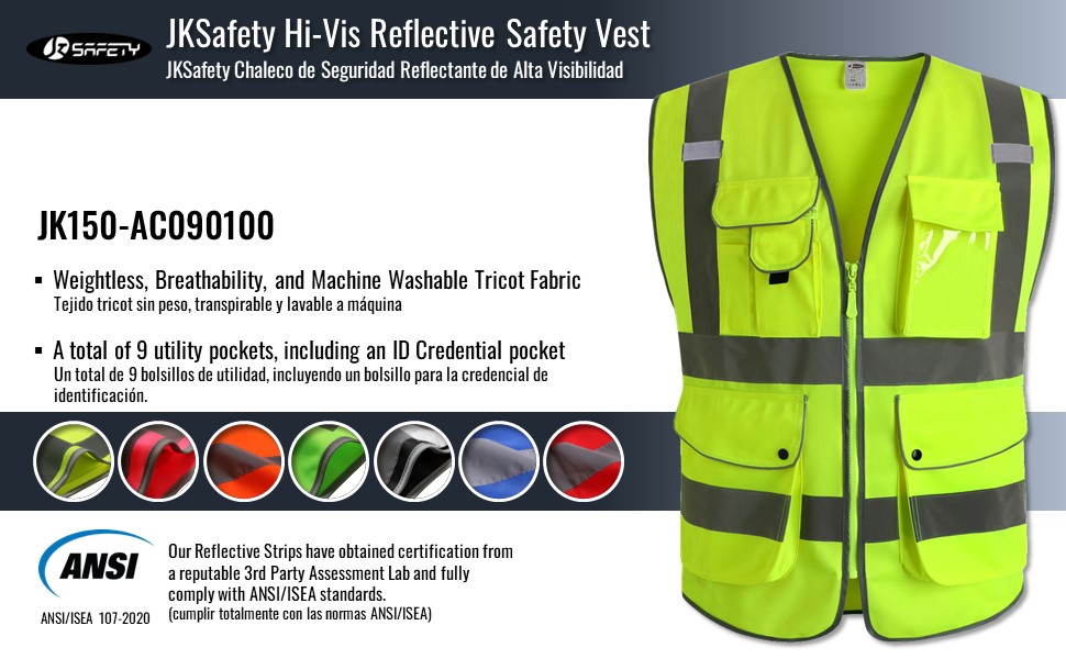 JKSafety 9 Pockets Class 2 High Visibility Zipper Front
