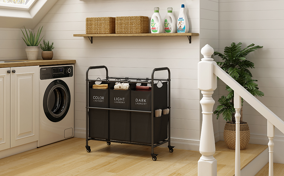 Tajsoon 3 Bag Laundry Sorter Cart, Laundry Hamper Sorter