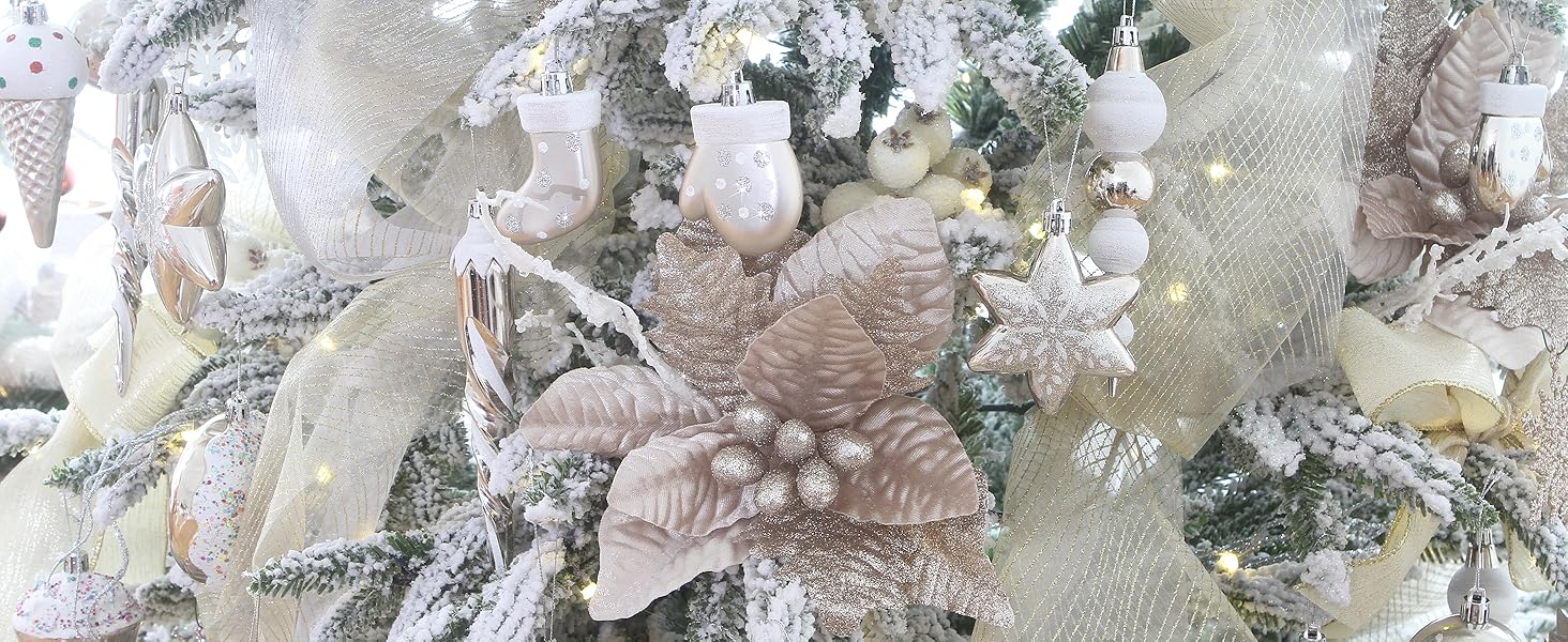 Champagne Christmas ornaments on a Christmas tree