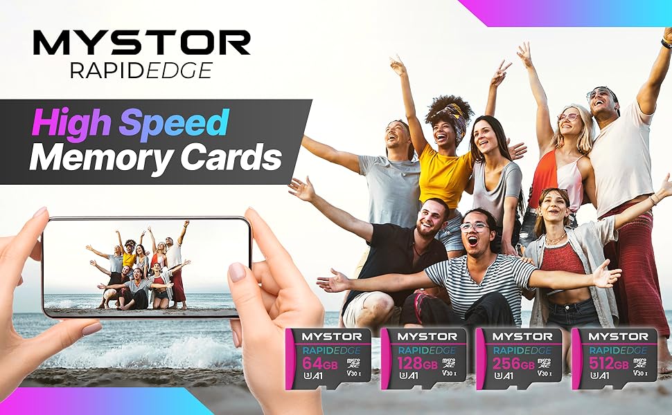 Happy people being photographed by a phone user with a Mystor memory card