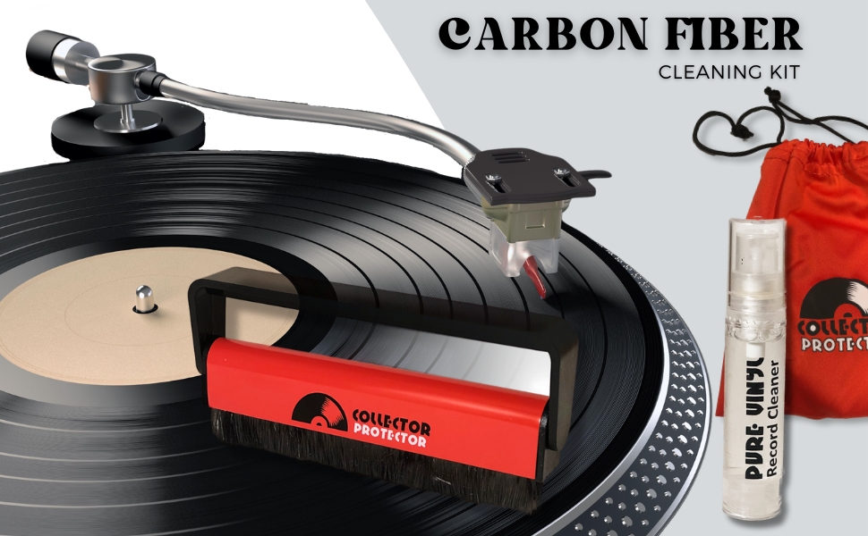 carbon fiber record cleaning brush on vinyl record with lp cleaning solution and storage pouch