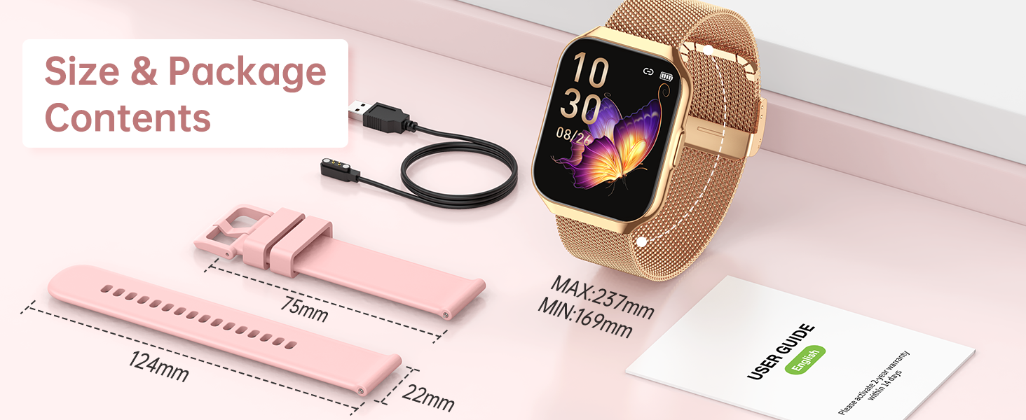 Smartwatch with gold mesh strap and colorful display. Package includes pink silicone strap, charging cable, and instruction manual. Size dimensions shown for straps and watch face.