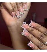 IMRAIN Medium Duck Press on Nails Rhinestone French Tip Fake Nails Glossy Cute Feet Flared False ...