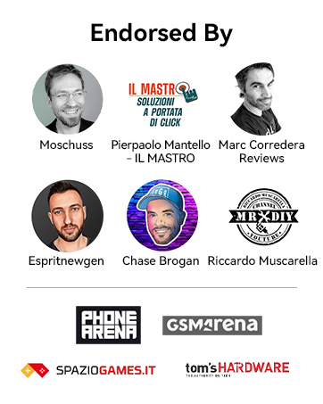 Text reads 'Endorsed By' followed by logos and partner brands including 'tom's HARDWARE', 'SPA2DIOGAMES.IT', 'ONLINE TREND', and 'GSMarena'. Shows collection of brand endorsements.