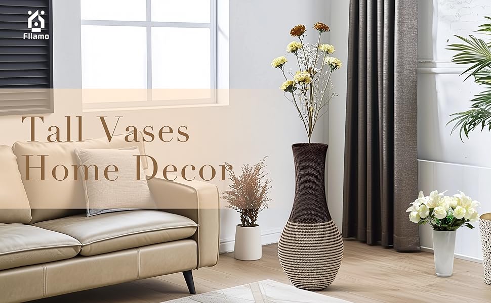 This living room corner has a tall woven vase with flowers, other potted plants