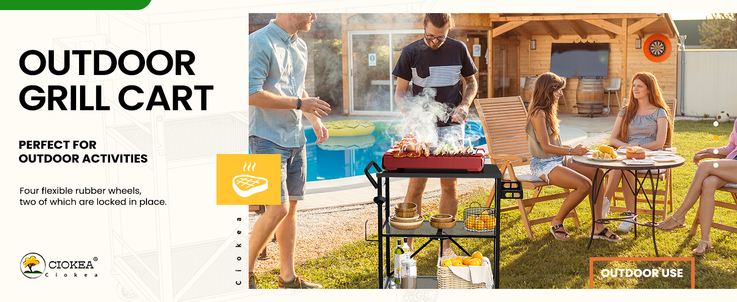 Folding Grill Cart, Metal Pizza Oven Stand Table with 2