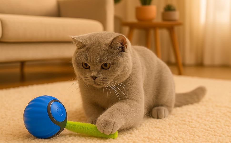 Gato interactuando con un juguete esférico azul en la alfombra, que muestra múltiples vistas del juguete para mascotas en uso.