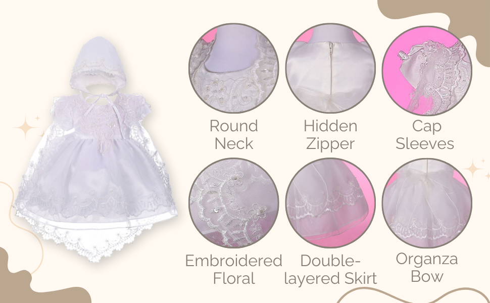 Baby Girls Beaded Scalloped Embroideries Baptism Christening Gown Dress with Cape Bonnet Infant