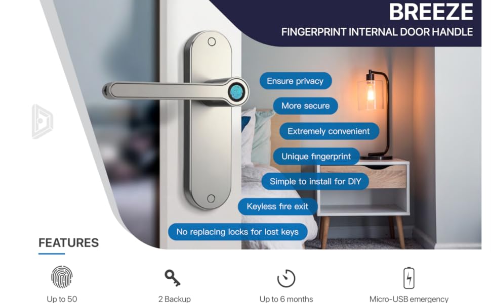 Blusafe Fingerprint Internal Door Lock, Biometric Smart Door Handle, 50