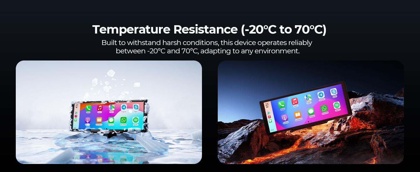 Smartphone temperature resistance demonstration showing device in ice and fire environments, indicating protection from -20°C to 70°C.