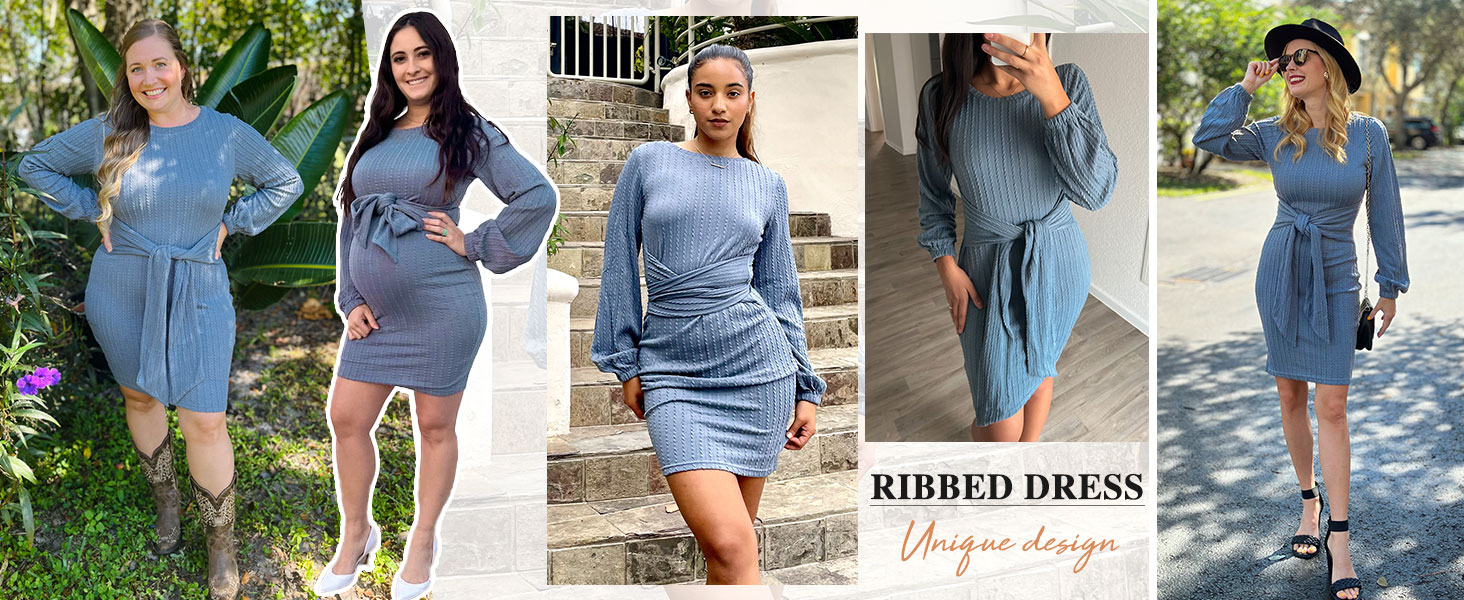 women bodycon Knit dress crew neck dress side tie dress rib Knit women bodycon long sleeve dress