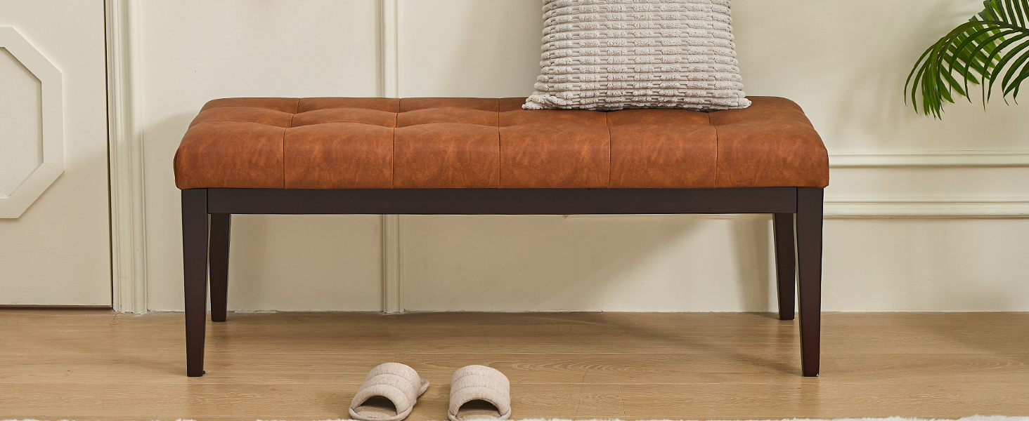 47.2" Button-Tufted Entryway Bench, Upholstered Faux Leather Ottoman Bedroom Bench End