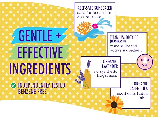 Gentle + Effective ingredients. Includes Titanium dioxide, lavender, and calendula. Reef safe.