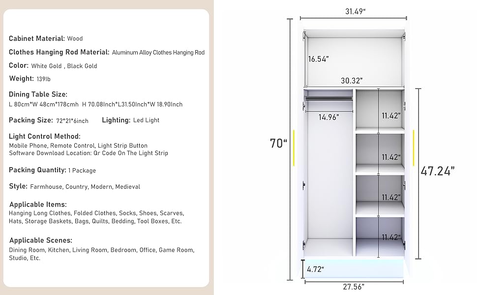 Modern 70in LED 2 Doors Armoires Wardrobe Closet White with Hanging Rod