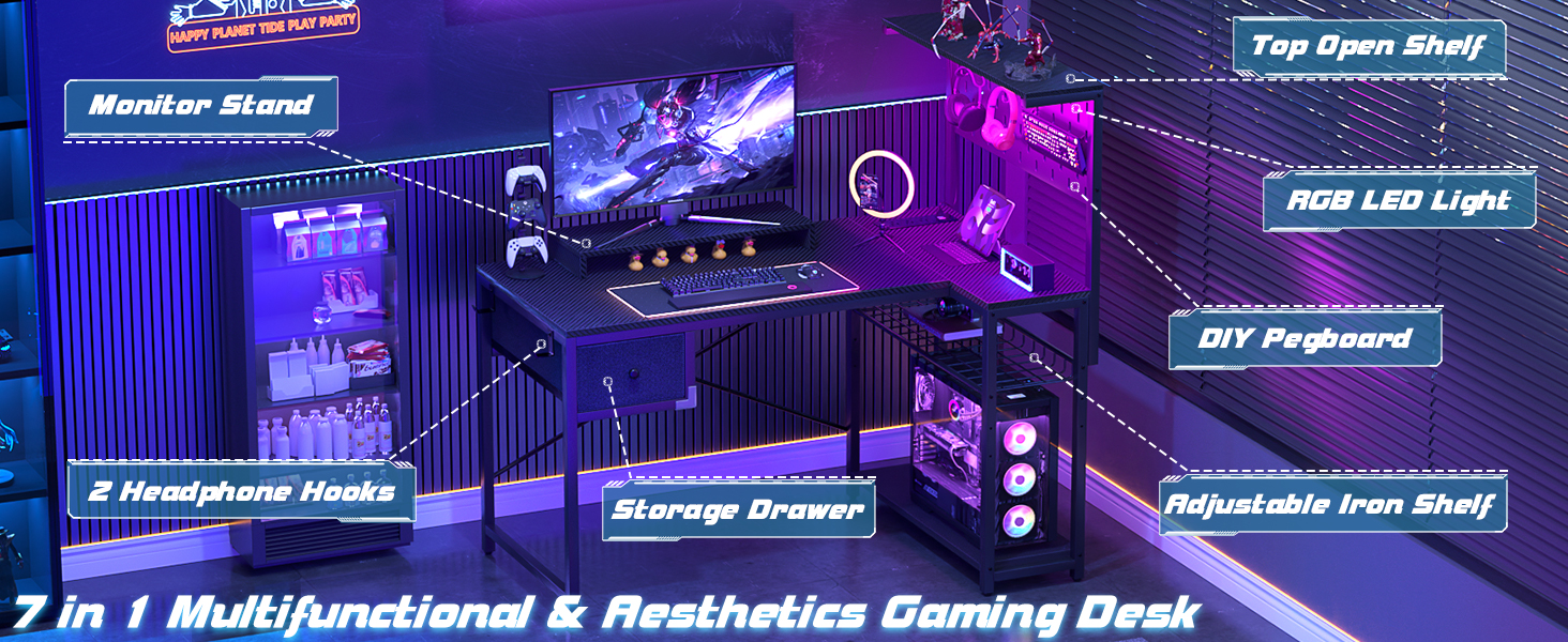 Multifunctional gaming desk with storage drawer power outlet LED L shaped gamer desk DIY Pegborad