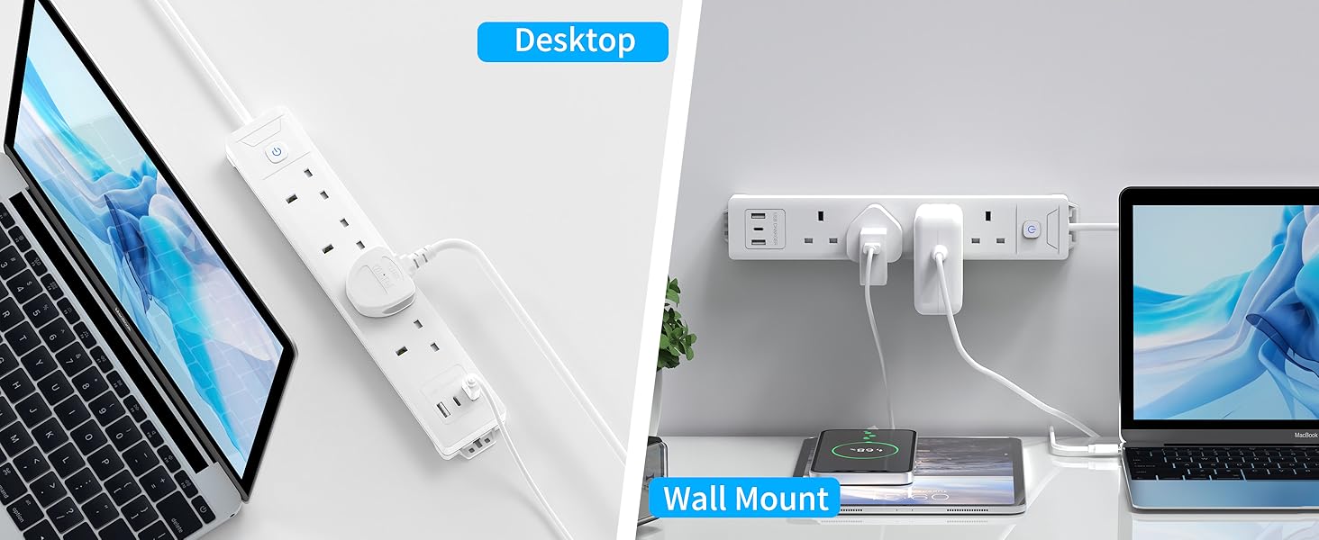Mscien 4 Way 5m Extension Lead with 3 USB Slots (1 USB C), Plug Extender with 5 Metre Extension