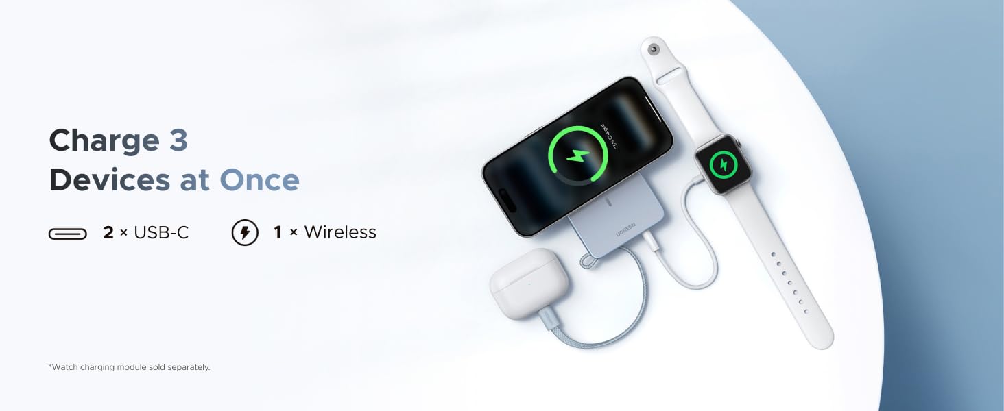 Text reads 'Charge 3 Devices at Once'. Additional product views of white charging adapters with green LED indicators, showing multiple charging capabilities.