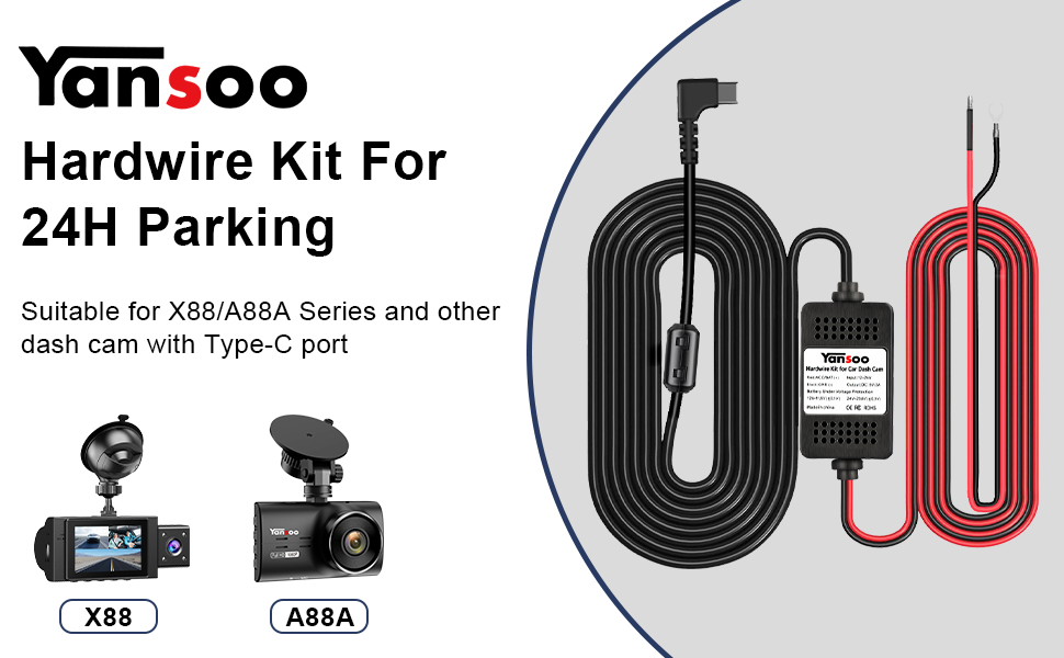 Yansoo Dash Cam Hardwire Kit,13ft TypeC Hard Wire Kit for Dash Camera, USB C Hard Wire Kit Fuse